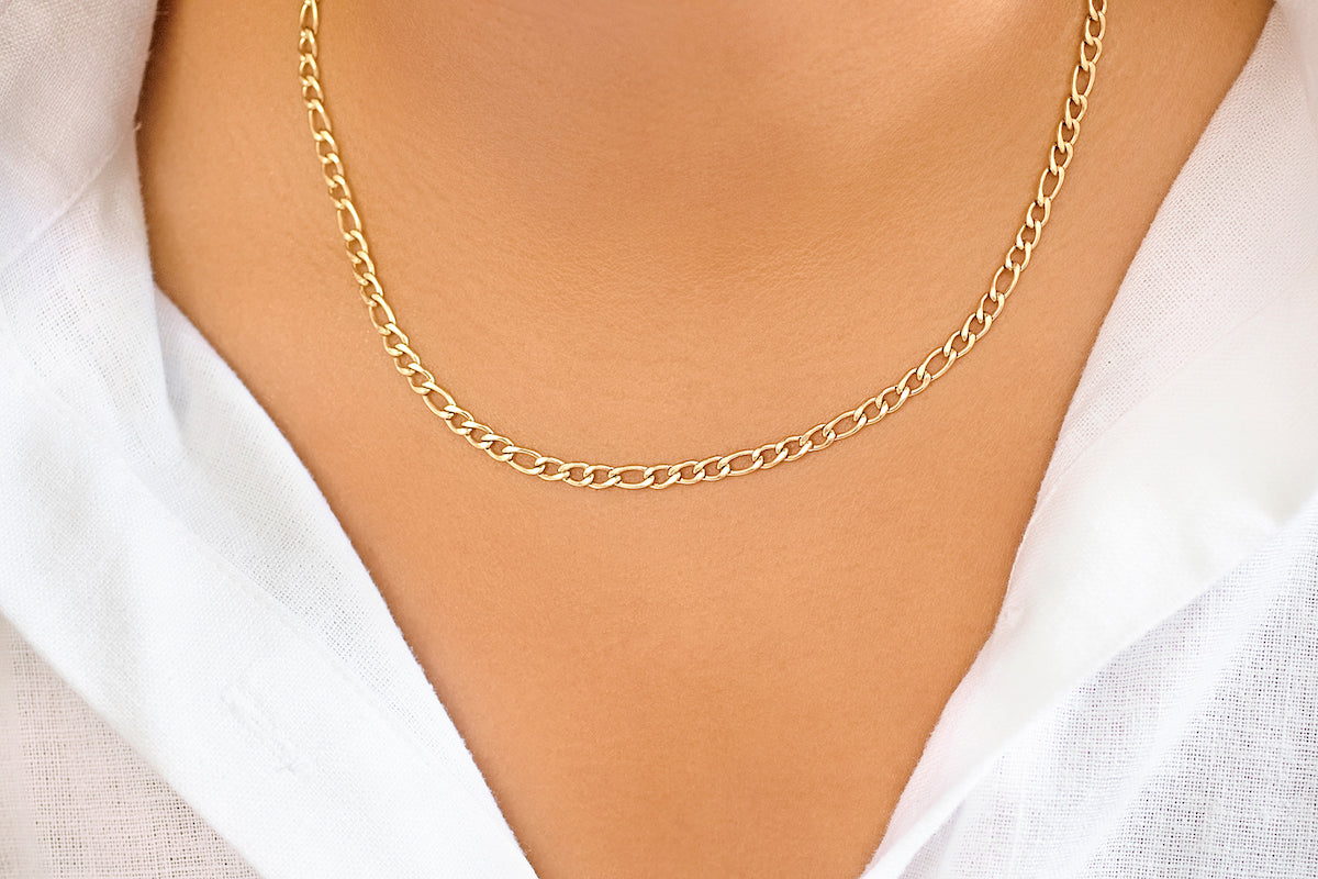 Close up view stainless steel gold plated 4mm Figaro necklace - B-Xquisite Jewelry Gold Necklace