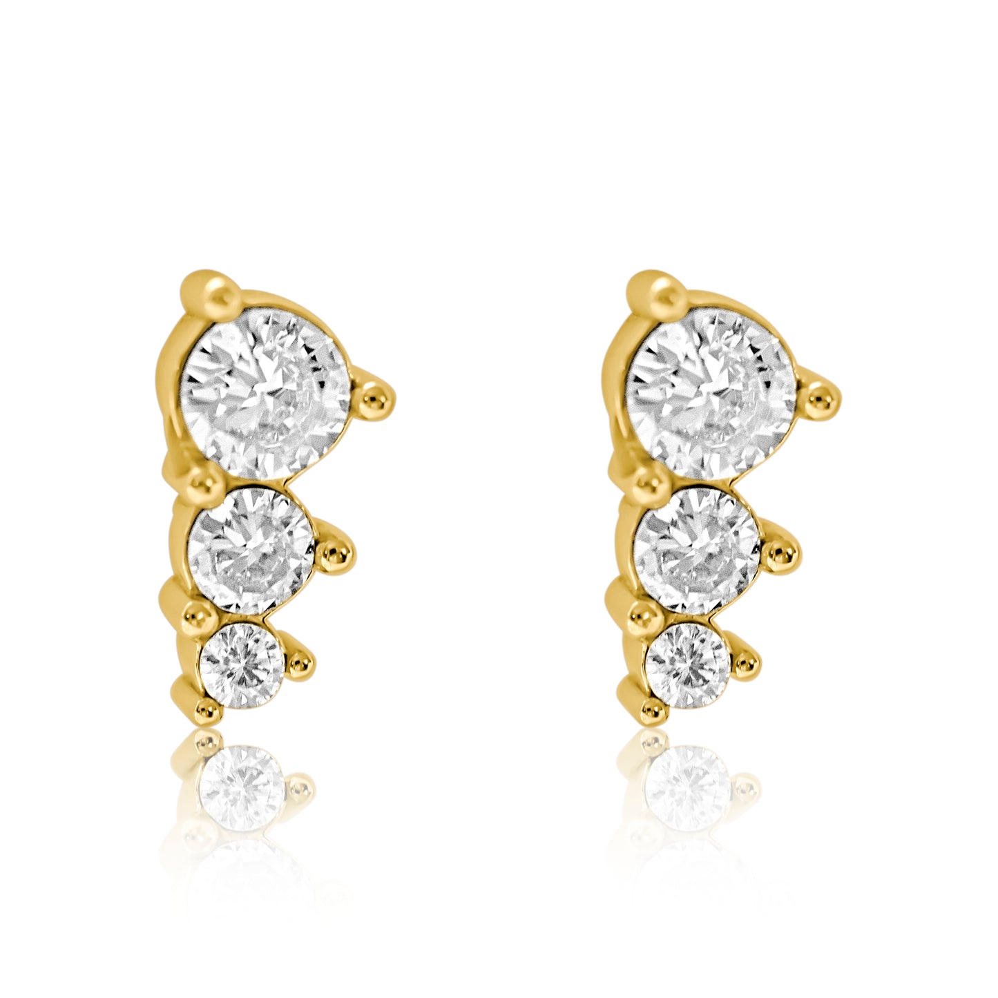 Close up front view. Women's Stainless Steel Three-Stone Cubic Zirconia Gold Earrings, Hypoallergenic and Waterproof, Elegant Fashion Jewelry