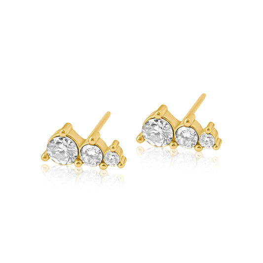 Close up view, Women's Stainless Steel Three-Stone Cubic Zirconia Gold Earrings, Hypoallergenic and Waterproof, Elegant Fashion Jewelry