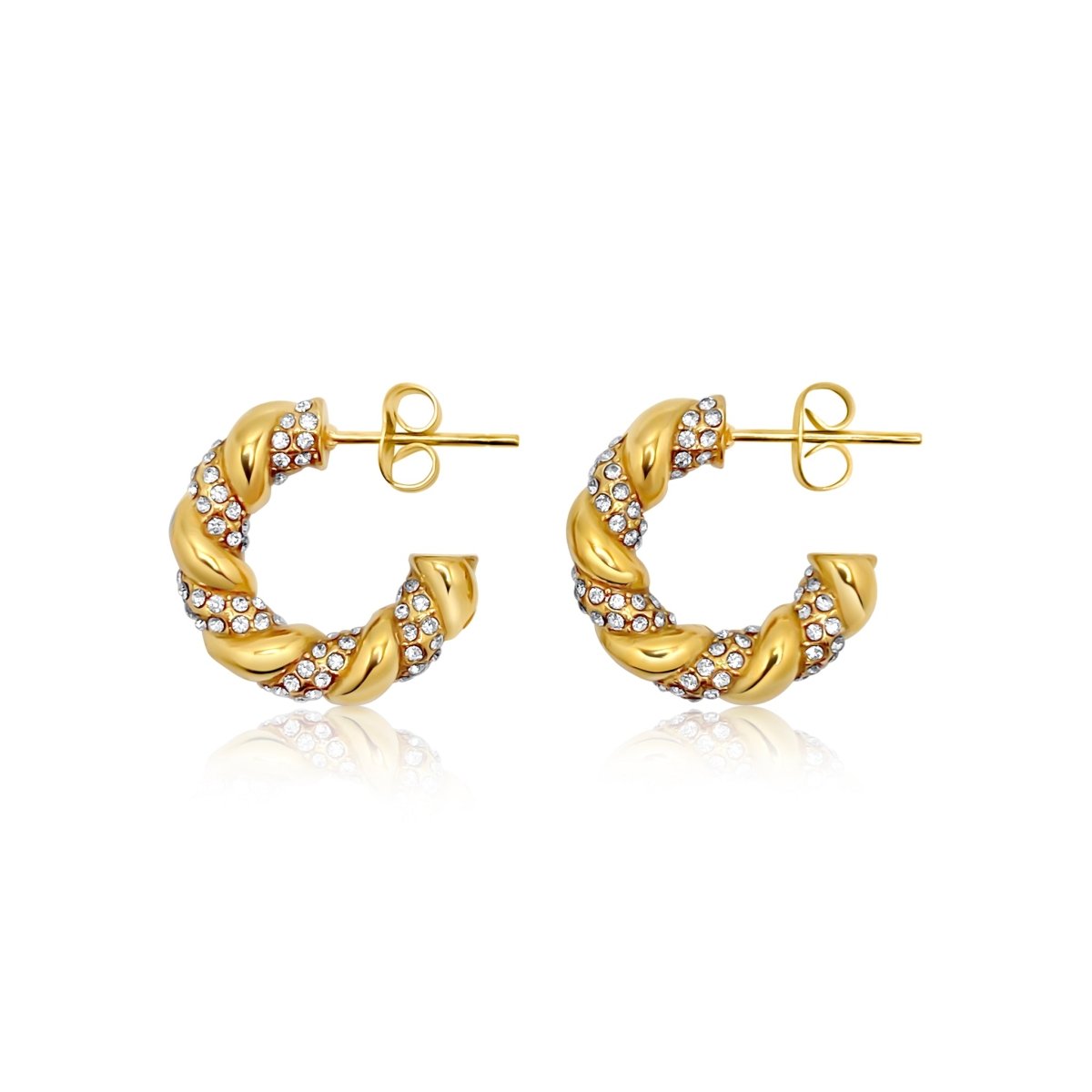 Women's stainless steel 18K gold plated Alyssa earrings featuring an exquisite twisting design with sparkling cubic zirconia, waterproof fashion jewelry for everyday wear and elegant occasions - B-Xquisite Jewelry gold Earrings